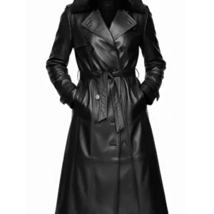 Alicia Women’s Black Genuine Leather Fur Collar Trench Coat