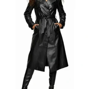 Alicia Women’s Black Genuine Leather Fur Collar Trench Coat For Sale