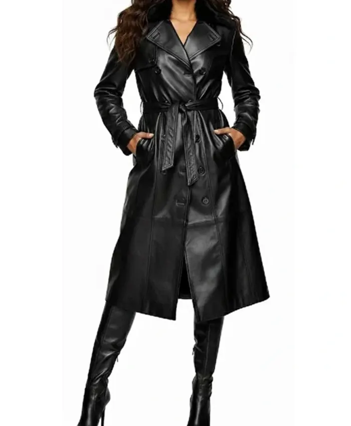 Alicia Women’s Black Genuine Leather Fur Collar Trench Coat For Sale