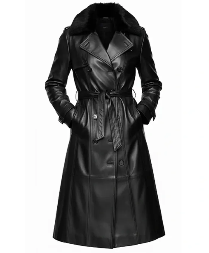 Alicia Women’s Black Genuine Leather Fur Collar Trench Coat