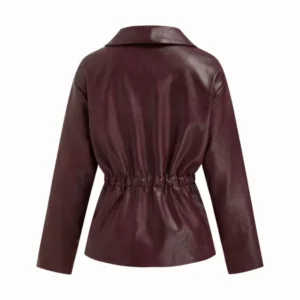 Button-Up Faux Leather Jacket with Collar and Elastic Waist For Sale