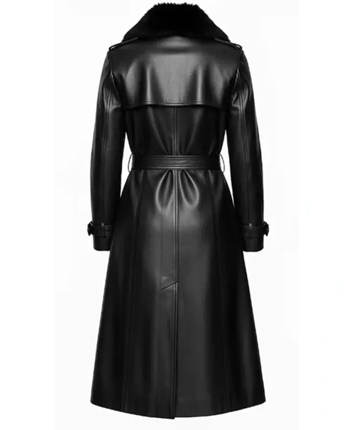 Buy Alicia Women’s Black Genuine Leather Fur Collar Trench Coat