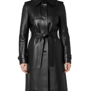 Buy Casey Hip Length Belted Black Leather Long Trench Coat