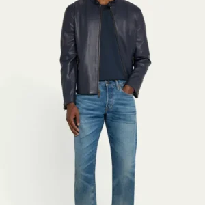 Buy Men’s Crest Blue Cafe Leather Racer Jacket