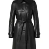 Casey Hip Length Belted Black Leather Long Trench Coat