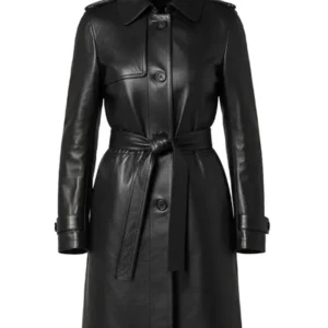 Casey Hip Length Belted Black Leather Long Trench Coat