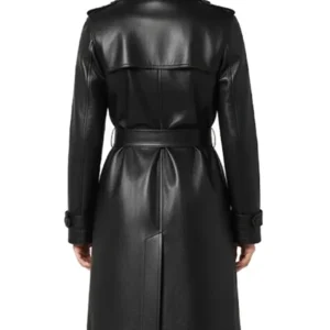 Casey Hip Length Belted Black Leather Long Trench Coat For Sale