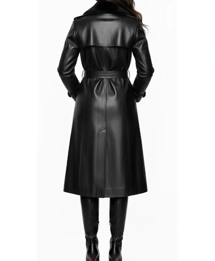 Get Alicia Women’s Black Genuine Leather Fur Collar Trench Coat