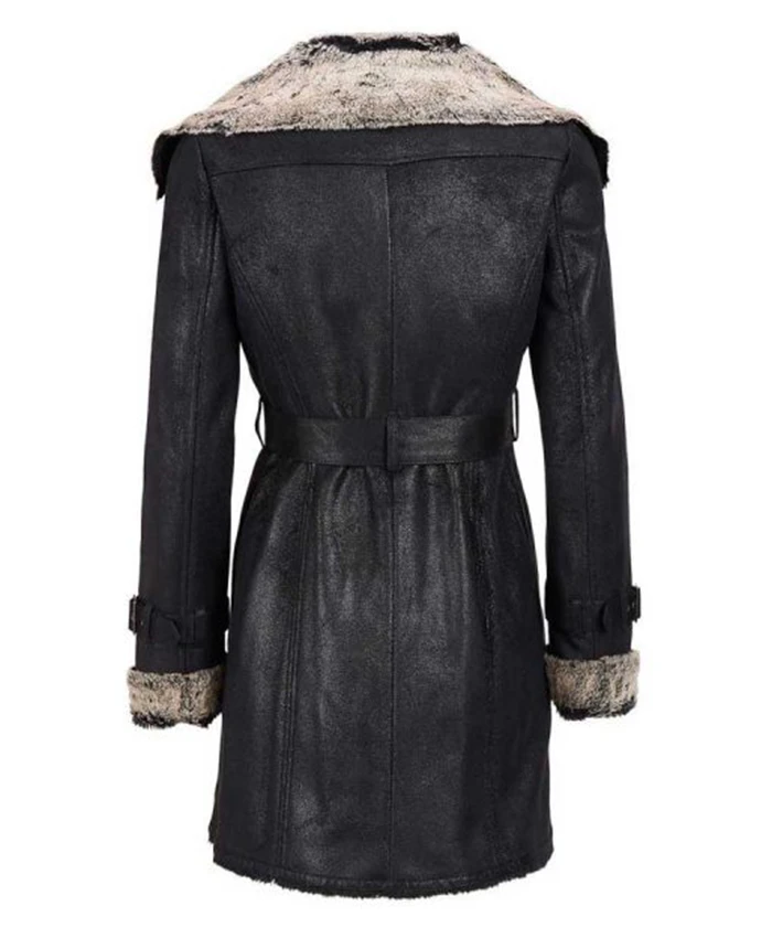 Get Mid Length Black Shearling Womens Leather Coat
