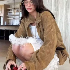 LA 2026 Dua Lipa Brown Suede Jacket For Sale