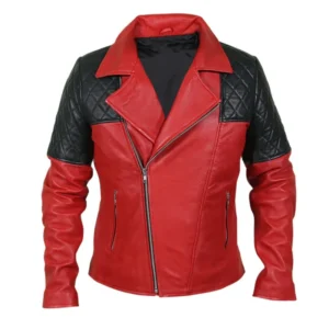 Men’s Black Diamond Quilted Shoulders Red Leather Jacket