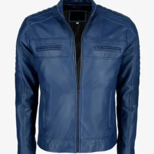 Mens Blue Cafe Racer Leather Jacket