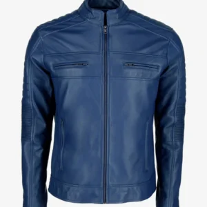 Mens Blue Cafe Racer Leather Jacket For Sale