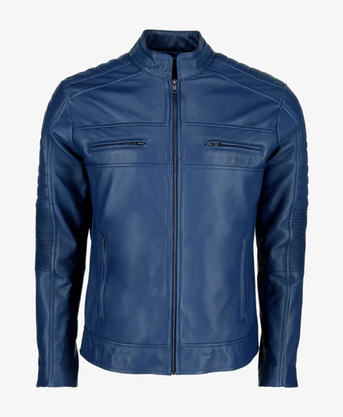 Mens Blue Cafe Racer Leather Jacket For Sale