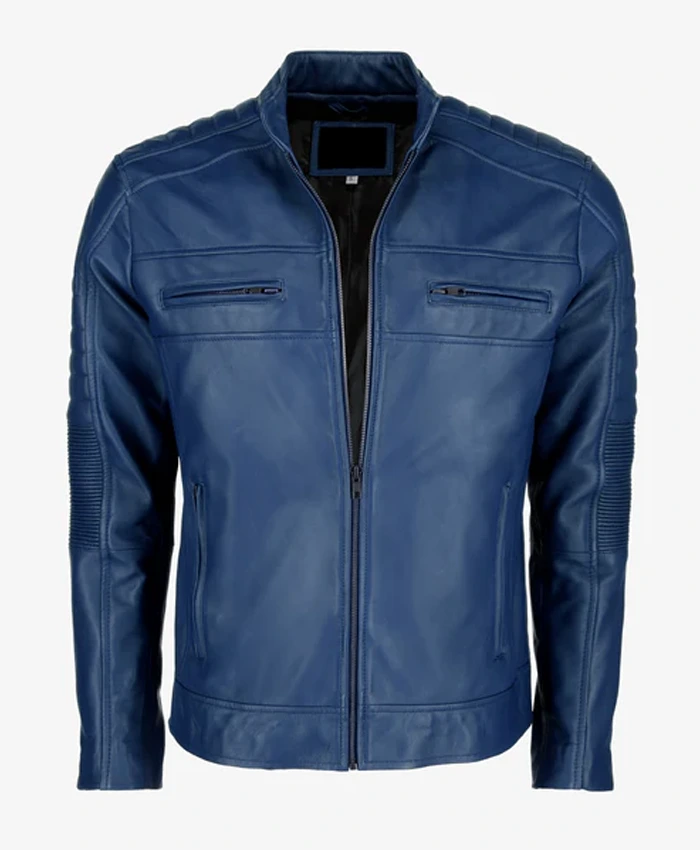 Mens Blue Cafe Racer Leather Jacket