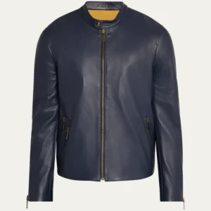 Men’s Crest Blue Cafe Leather Racer Jacket