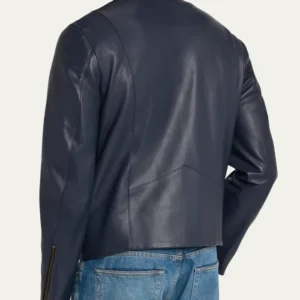 Men’s Crest Blue Cafe Leather Racer Jacket For Sale