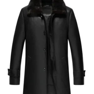 Mens Real Lambskin Leather Black Sherpa Mid Length Coat