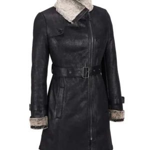 Mid Length Black Shearling Womens Leather Coat For Sale