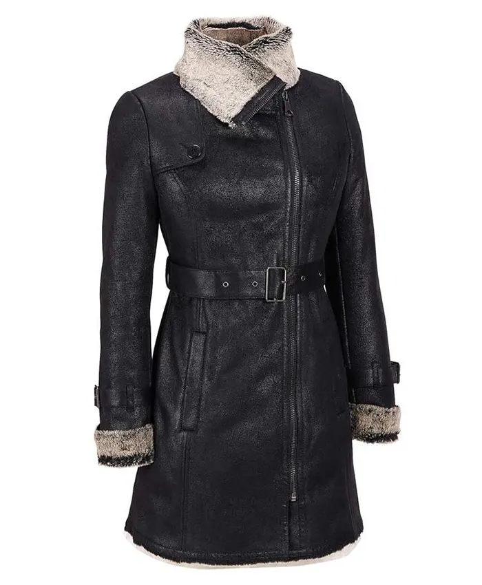 Mid Length Black Shearling Womens Leather Coat For Sale