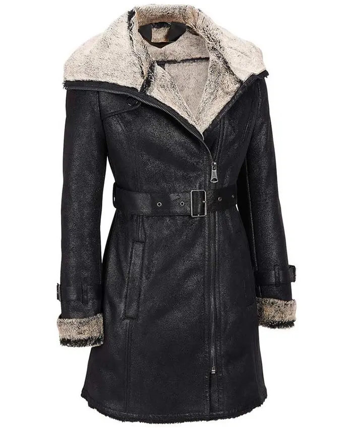 Mid Length Black Shearling Womens Leather Coat