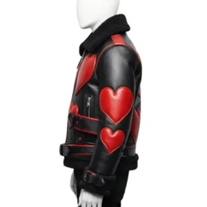 Red Heart Black Leather Shearling Jacket For Sale