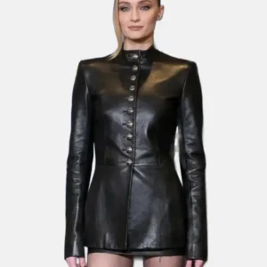 Steal Sophie Turner Black Leather Coat For Sale
