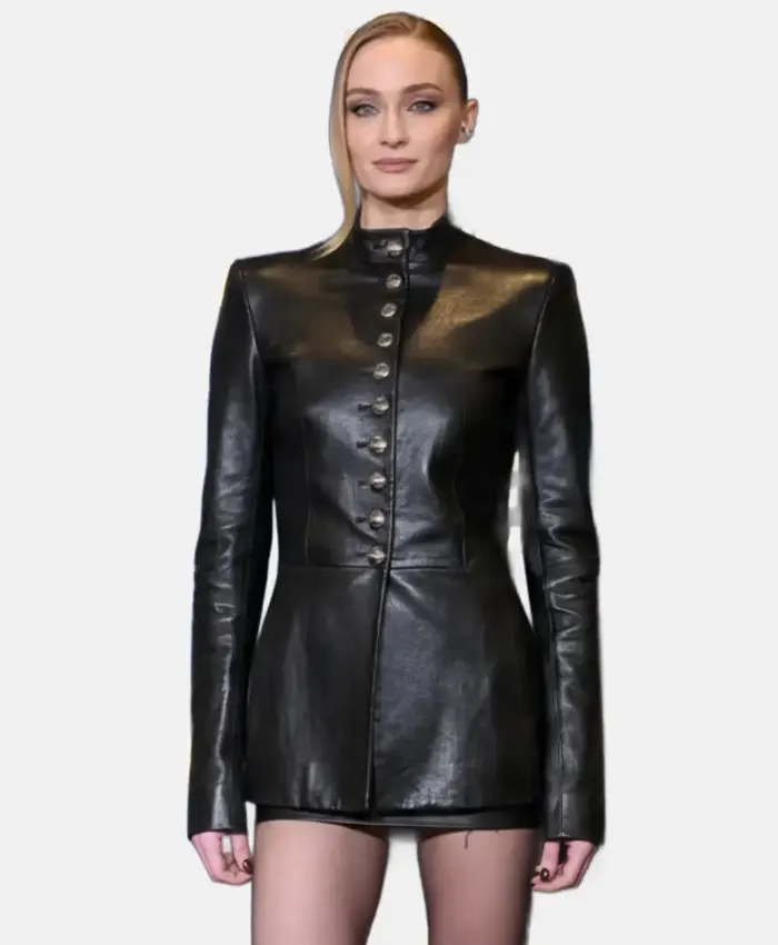 Steal Sophie Turner Black Leather Coat For Sale