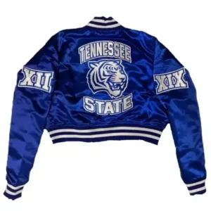 TSU Blue Cropped Varsity Jacket For Sale