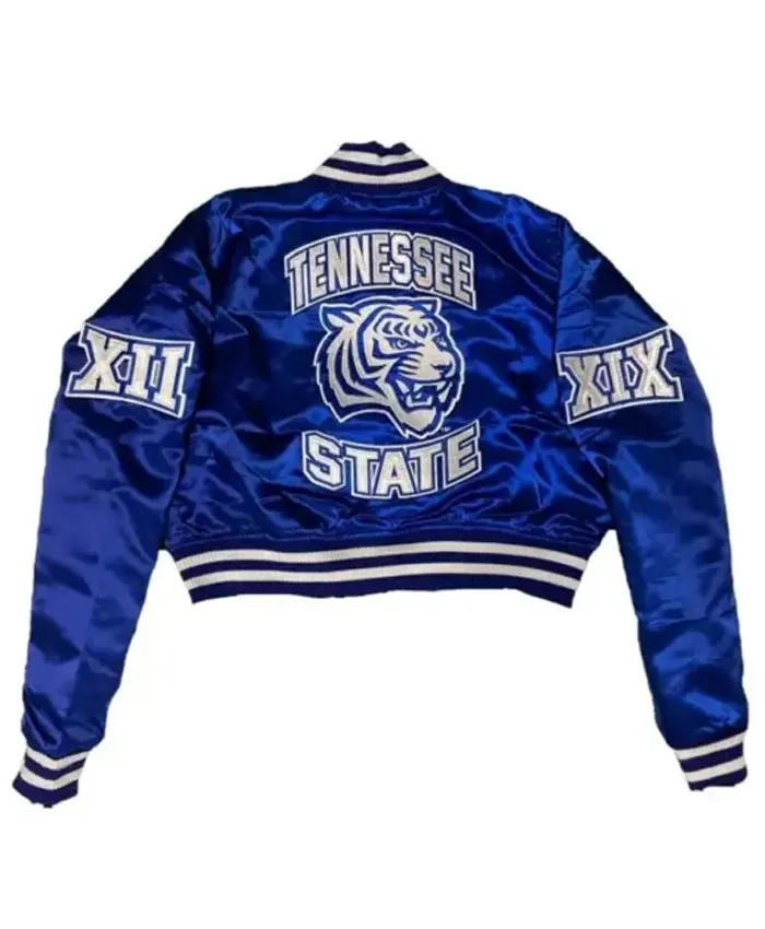 TSU Blue Cropped Varsity Jacket For Sale