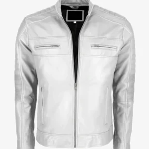 White Men’s Cafe Racer Leather Jacket