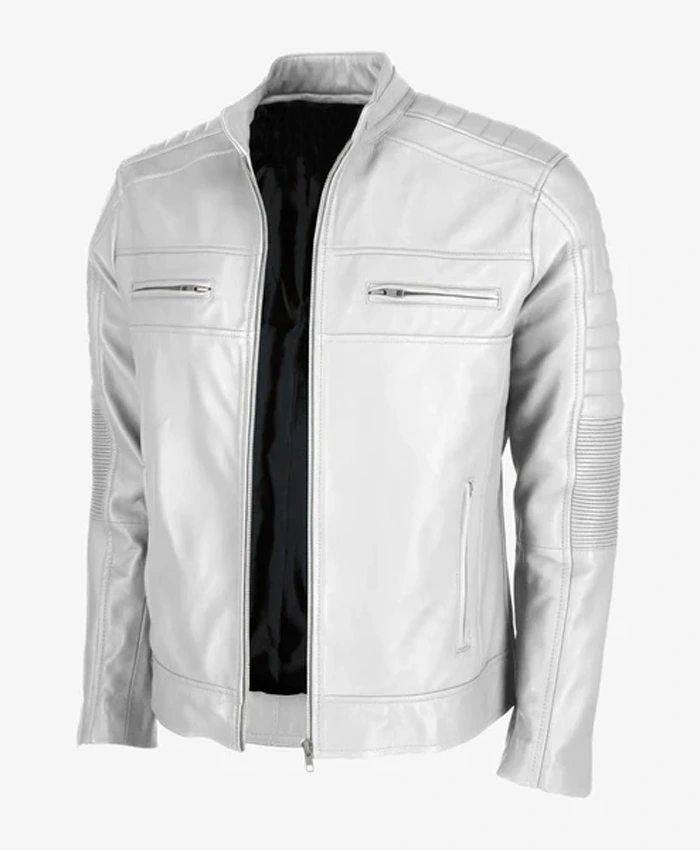 White Men’s Cafe Racer Leather Jacket For Sale