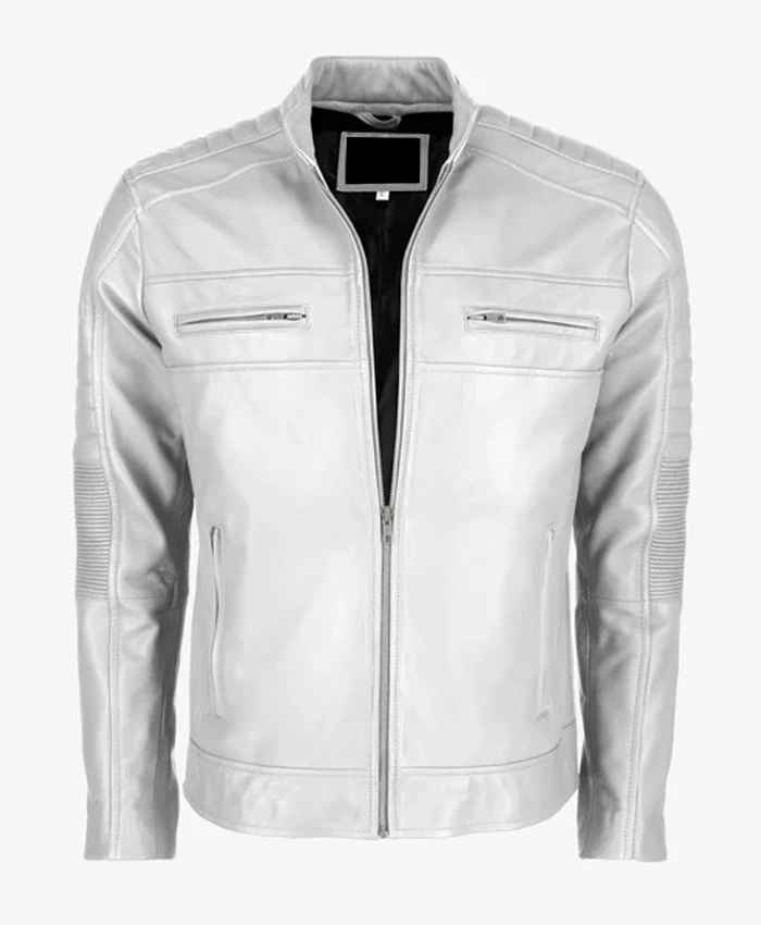 White Men’s Cafe Racer Leather Jacket