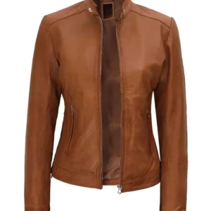 Women Stylish Brown Biker Leather Jacket For Sale