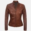 Women’s Brown Padded Café Racer Leather Jacket