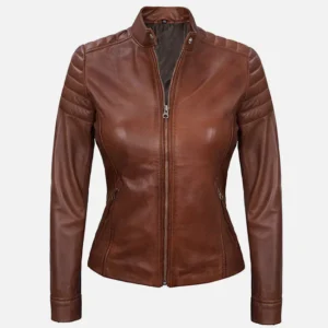 Women’s Brown Padded Café Racer Leather Jacket