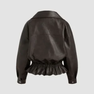 Womens Oversized Faux Leather Ruffle Double Breasted Jacket Shop Now