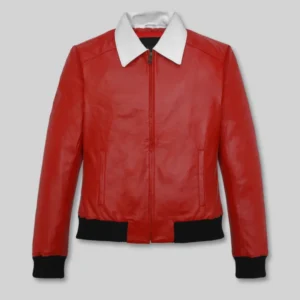 Women’s Red Shirt Collar Leather Jacket