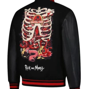 Anatomy-Park-Rick-And-Morty-S08-Black-Wool-and-Leather-Bomber-Varsity-Jacket.webp