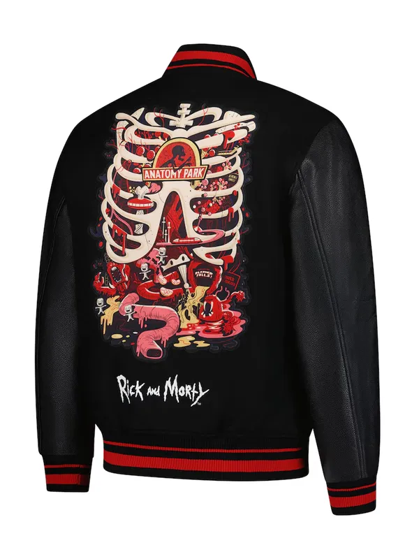 Anatomy-Park-Rick-And-Morty-S08-Black-Wool-and-Leather-Bomber-Varsity-Jacket.webp