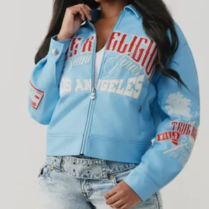 Branded Blue Leather Varsity JacketBranded Blue Leather Varsity Jacket