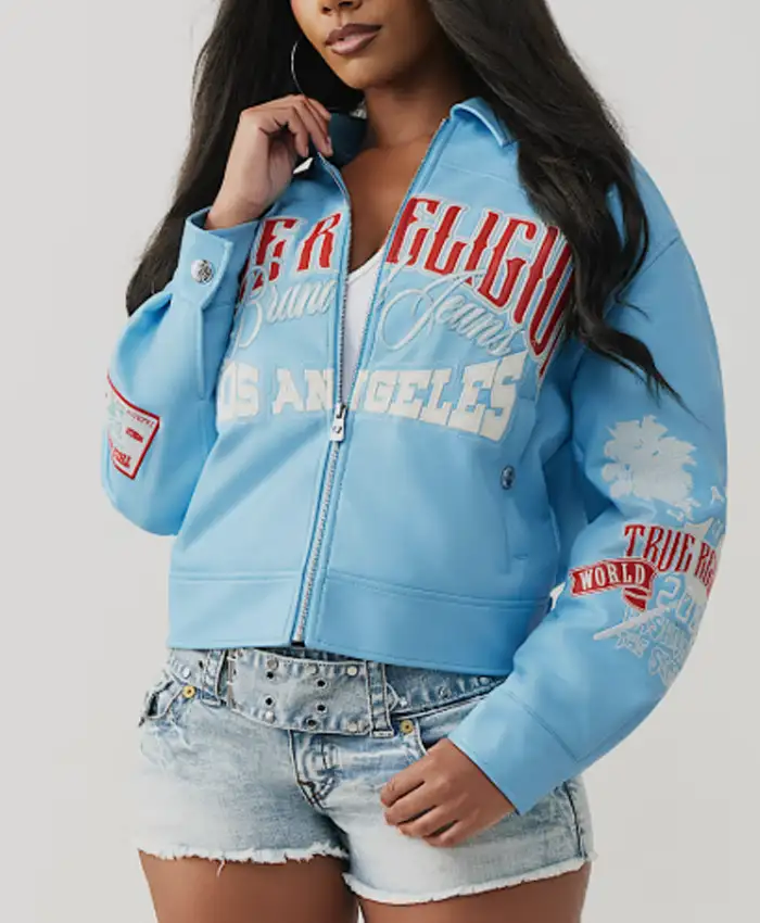 Branded Blue Leather Varsity JacketBranded Blue Leather Varsity Jacket