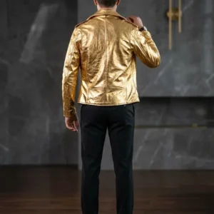 Buy Gold Metallic Biker Leather Jacket