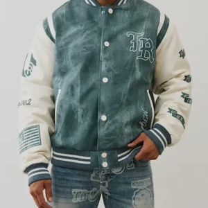 Denim Print Retro Varsity Jacket