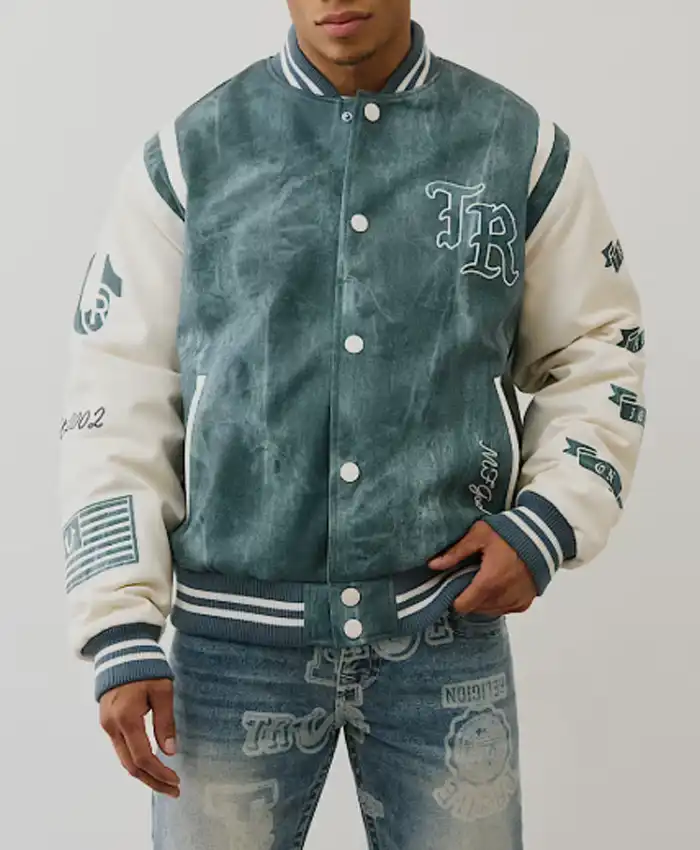 Denim Print Retro Varsity Jacket