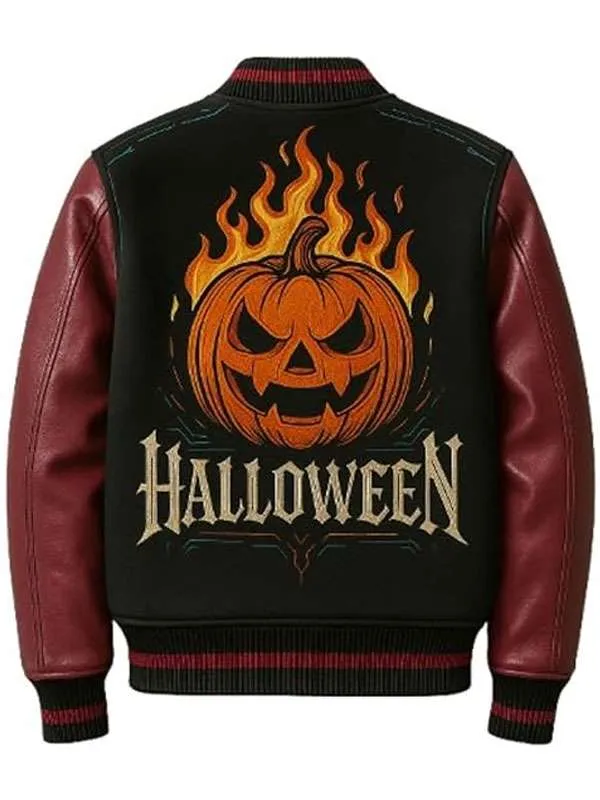 Spooky Fire Pumpkin Varsity Jacket ? Perfect for Halloween Style - Image 2