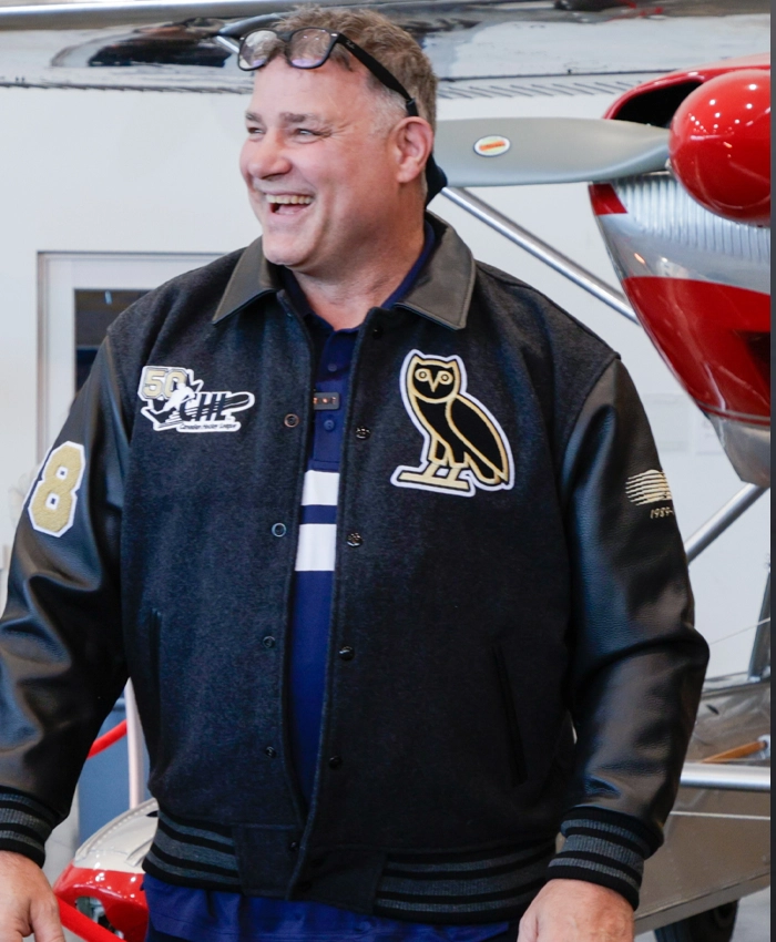 Get CHL50 Celebration OVO Black Leather Varsity Jacket