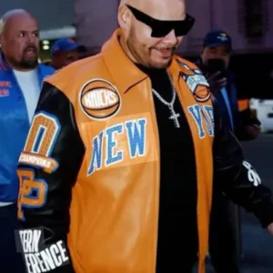 Get NY Knicks Fat Joe Orange and Black Leather Jacket