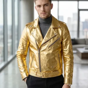 Gold Metallic Biker Leather Jacket