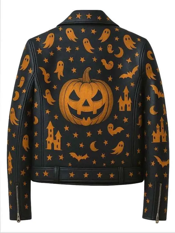 Haunting Ghost and Pumpkin Black Biker Leather Jacket for Halloween - Image 2